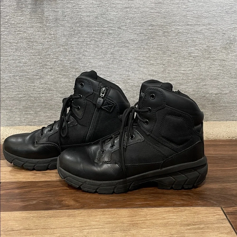 Black interceptor tactical boots with zipper closure